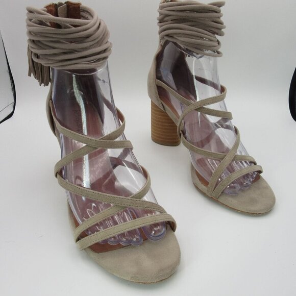 Jeffrey Campbell Despina Suede Ankle Cuff Block Heel Sandals Women's 8.5 Tan - Picture 1 of 7